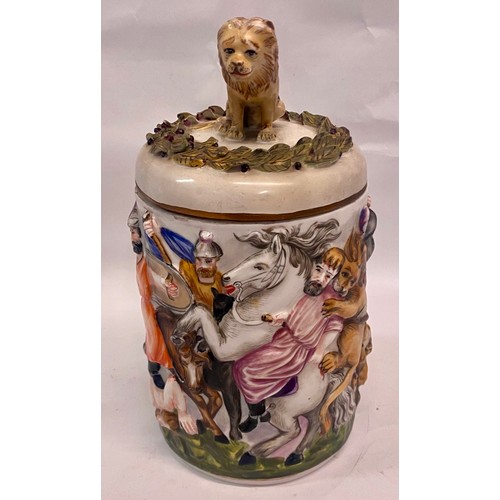 316 - Vintage Capodimonte Style Covered Porcelain Stein Depicting Battle Scene with Lion Finial. Marking t... 