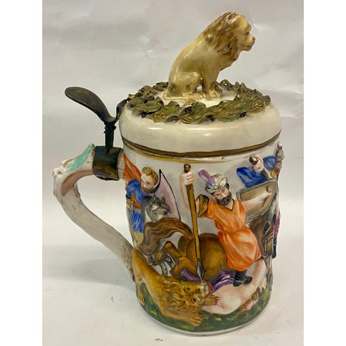 316 - Vintage Capodimonte Style Covered Porcelain Stein Depicting Battle Scene with Lion Finial. Marking t... 