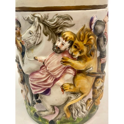 316 - Vintage Capodimonte Style Covered Porcelain Stein Depicting Battle Scene with Lion Finial. Marking t... 