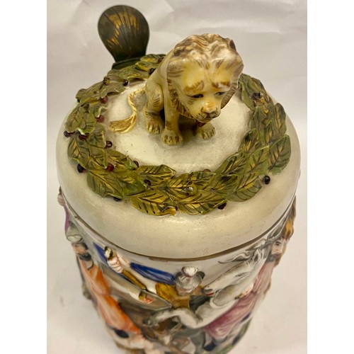 316 - Vintage Capodimonte Style Covered Porcelain Stein Depicting Battle Scene with Lion Finial. Marking t... 