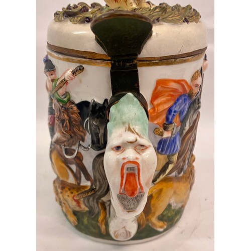 316 - Vintage Capodimonte Style Covered Porcelain Stein Depicting Battle Scene with Lion Finial. Marking t... 