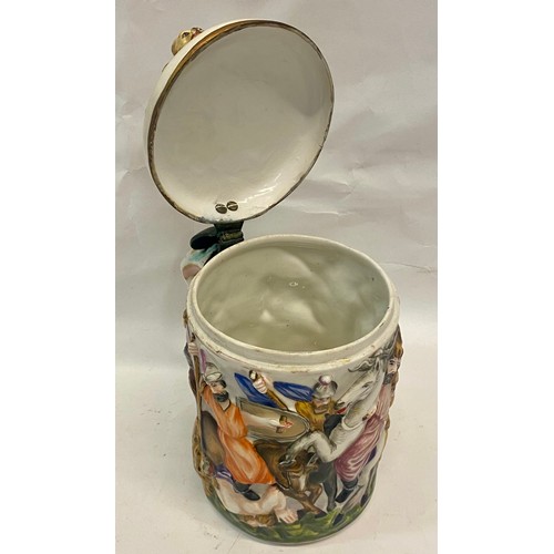 316 - Vintage Capodimonte Style Covered Porcelain Stein Depicting Battle Scene with Lion Finial. Marking t... 