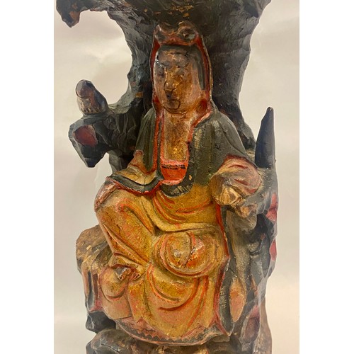 317 - Vintage Carved Wood Polychromatic ‘Guanyin’ in Cave of Tidal Sounds Sculpture 22cm Height