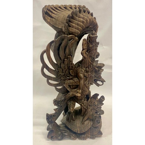 318 - Vintage Possibly Balian 19th Century Carved Wood Sculpture of Vishnu Riding a Dragon 32cm Height