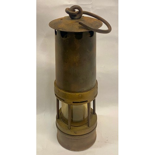 324 - Vintage Brass / Copper Metal and Glass Miners Lamp with Engraved Plaques and Hook 28cm Height