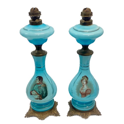 326 - Pair of Blue Glass and Ormolu Napoleon Oil Lamps 57.5cm Height