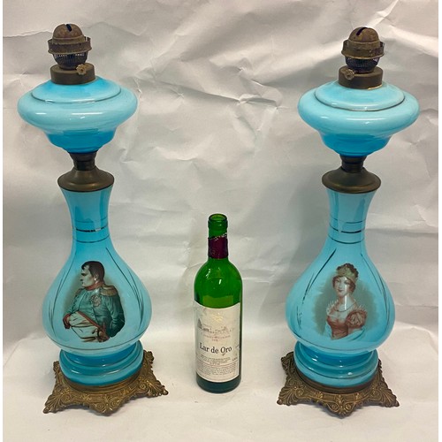 326 - Pair of Blue Glass and Ormolu Napoleon Oil Lamps 57.5cm Height