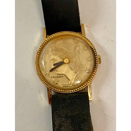 331 - Vintage Swiss Made Tressa Coin Face Watch with Leather Strap. Full Length 21cm