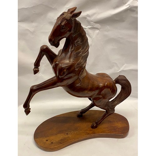 333 - Large Vintage Hand Carved Dark Wood Prancing Stallion Figure on Wooden Base 55cm x 46cm x 20cm