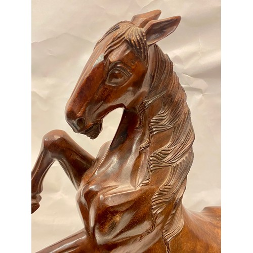 333 - Large Vintage Hand Carved Dark Wood Prancing Stallion Figure on Wooden Base 55cm x 46cm x 20cm