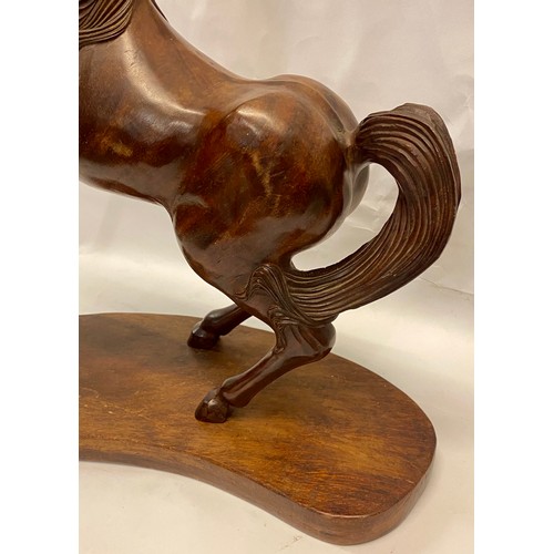 333 - Large Vintage Hand Carved Dark Wood Prancing Stallion Figure on Wooden Base 55cm x 46cm x 20cm