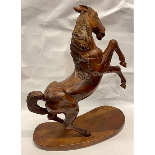 333 - Large Vintage Hand Carved Dark Wood Prancing Stallion Figure on Wooden Base 55cm x 46cm x 20cm