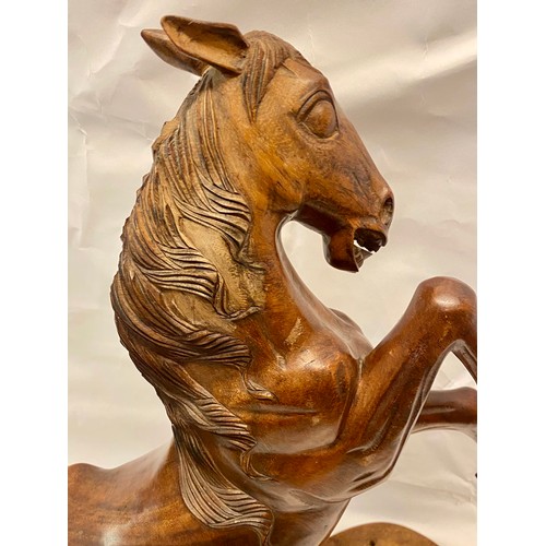 333 - Large Vintage Hand Carved Dark Wood Prancing Stallion Figure on Wooden Base 55cm x 46cm x 20cm