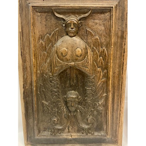 335 - Two Antique  Carved Wood Devil Depiction Panels / Reliefs 46cm x 30cm (2)