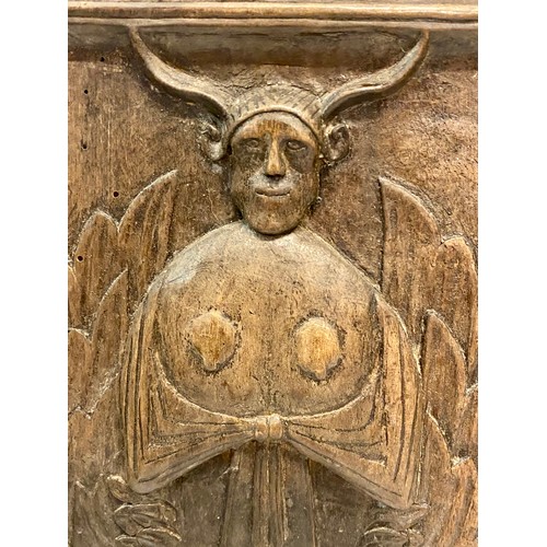 335 - Two Antique  Carved Wood Devil Depiction Panels / Reliefs 46cm x 30cm (2)