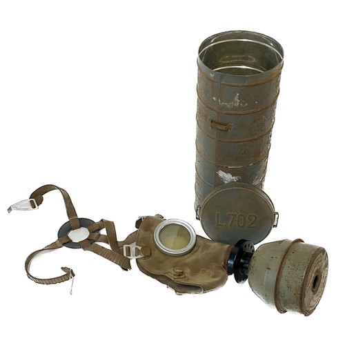 355 - Vintage Belgian Military Issue WW2 Type L.702 Gas Mask Respirator in Cylinder Tin Cannister 31cm Hei... 