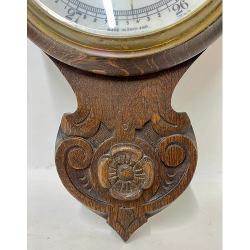 409 - Large Vintage Carved Wood and Brass Wall Barometer 84cm Height