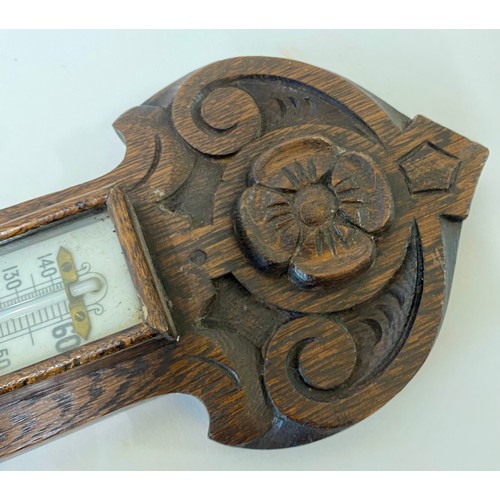 409 - Large Vintage Carved Wood and Brass Wall Barometer 84cm Height