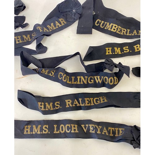 426 - Quantity of Military H.M.S Cap Tallies  to Include Illustrious, Orion Etc.