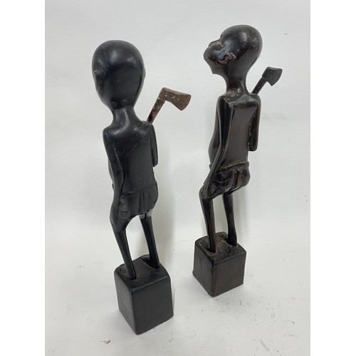 389 - Pair of Vintage African Tribal Hand Carved Wooden ‘Hunter’ Figures 25cm Height (2)