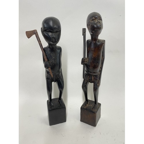 389 - Pair of Vintage African Tribal Hand Carved Wooden ‘Hunter’ Figures 25cm Height (2)