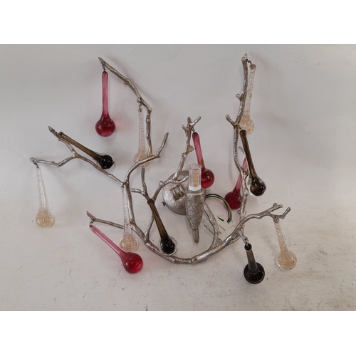 446 - Metal wall light with Silver finish in the form of a branch with Glass Droplets, 40cm wide