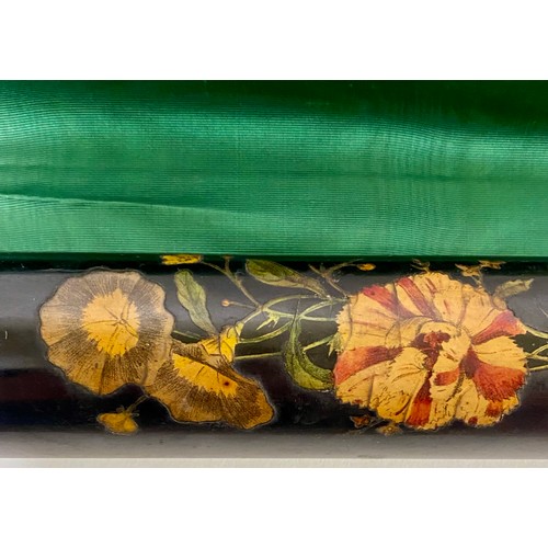 364 - Antique Floral Wooden Inlay Design Napoloeonic Toire Blind with Green Silk Insert (Frill in Need of ... 