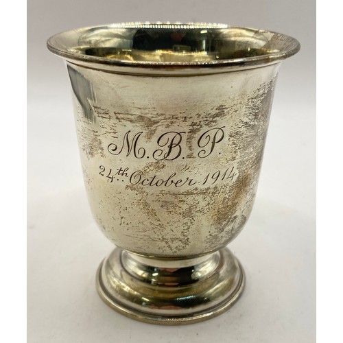 261 - A Engraved Vintage Hallmarked Silver Christening Cup. 8.5cm Height. Weight 3.353 Oz