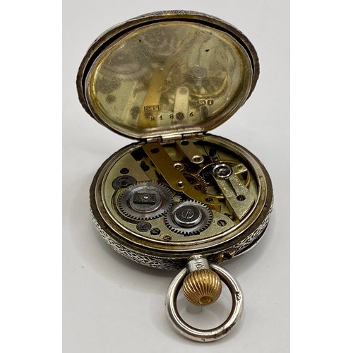 270 - Vintage Boby and Jannings Hallmarked Silver Decorated Pocket Watch. 4cm Diameter. Weight 1.486 Oz