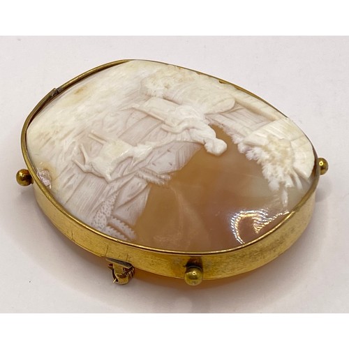 279 - A Vintage Gold Colour  Metal Cameo Shell Oval Pin Brooch Depicting a Farm Scene 6.5cm x 5cm