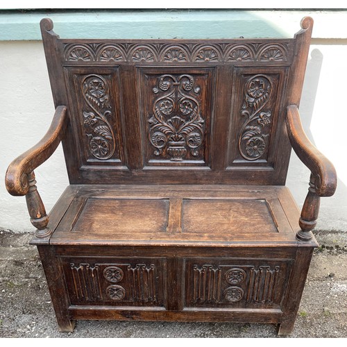 2 - Antique Carved Wood Settle, With Decorative Panels Along With Storage . 100 x 57 x 115 cms