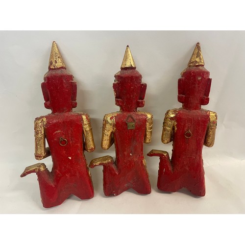 307 - Three Gilt Wood Buddha Figures Playing Musical Instrument's. 26 cms High (3)