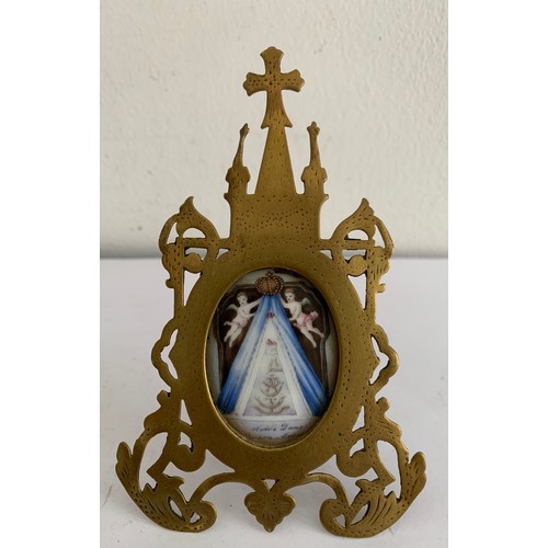 106 - Antique Bronze Easel Back Frame Having A Hand Painted Porcelain Insert Depicting Notre Dame
7.5 x 12... 