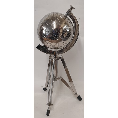 300 - Chrome Globe on Folding Tripod Stand, 45cm high