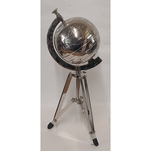 300 - Chrome Globe on Folding Tripod Stand, 45cm high