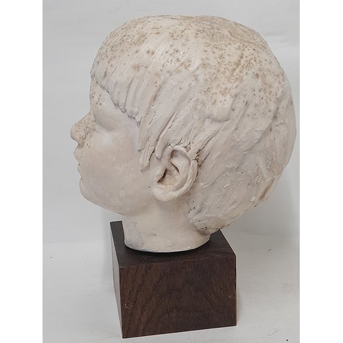 304 - Plaster Head of a Young Boy on wooden plinth, 32cm high