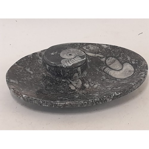 314 - Carved and Polished Fossil filled stone Pin Dish, 12cm wide