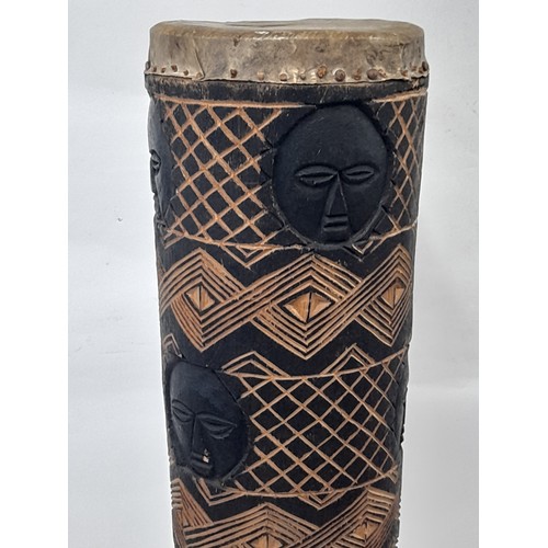 316 - Handmade Carved Tribal Art Drum, 58cm high