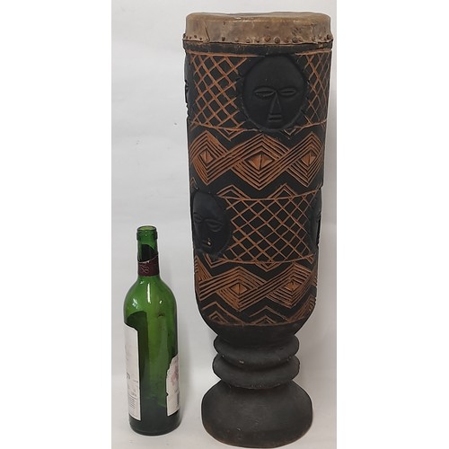 316 - Handmade Carved Tribal Art Drum, 58cm high