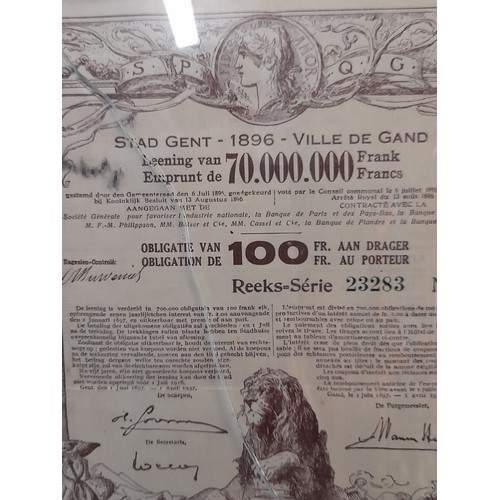 360 - Antique share certificate in frame (glass cracked), 24cm x 30cm