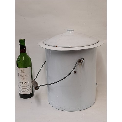 363 - Vintage White Enamel French Compost Bucket with Lid and Swing handle, 34cm high