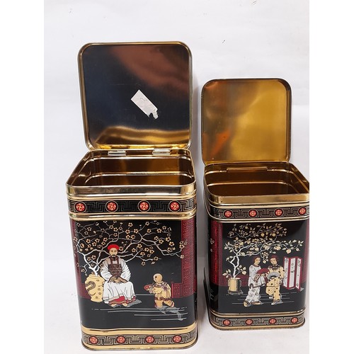 368 - 2 x Oriental Tea Tins with hinged lids, largest 22cm high