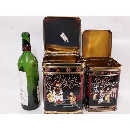 368 - 2 x Oriental Tea Tins with hinged lids, largest 22cm high