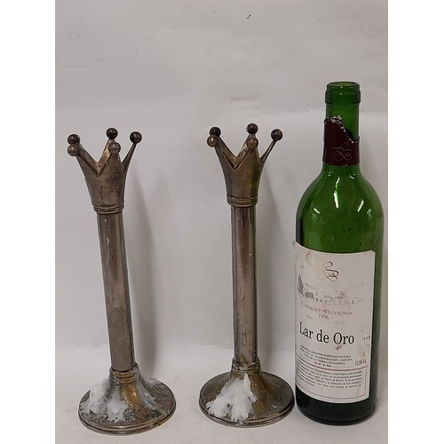 373 - Pair of metal candlesticks with Crown design, 26cm high