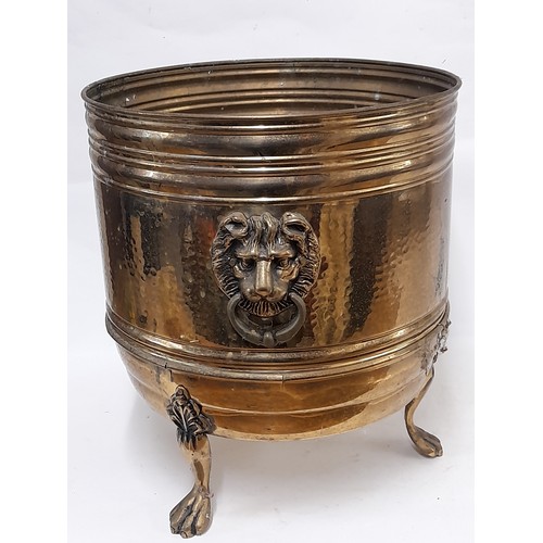 387 - Brass Log Bin with Lion mask handles and paw feet, 37cm high x 32cm diameter