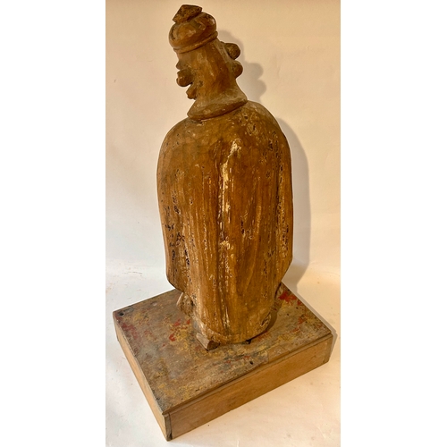 432 - Large Antique Carved Wood Figure Raised On A Later Base With Traces Of Paint. 87m x 44cm x 32cm.