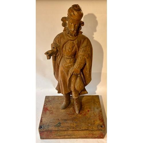 432 - Large Antique Carved Wood Figure Raised On A Later Base With Traces Of Paint. 87m x 44cm x 32cm.