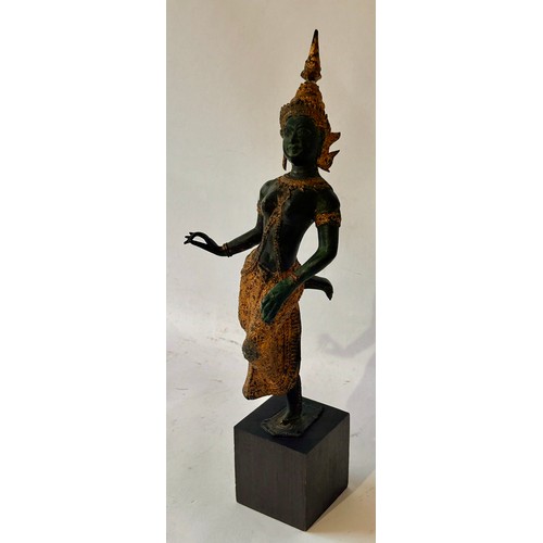 403 - Bronze Figure of a Buddha on wooden Plinth. 39cm x 16cm x 8cm.