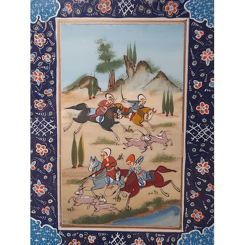 396 - Persian Hand Painted  and Glazed Hunting Scene In A Marquetry Frame , 20cm x 25cm