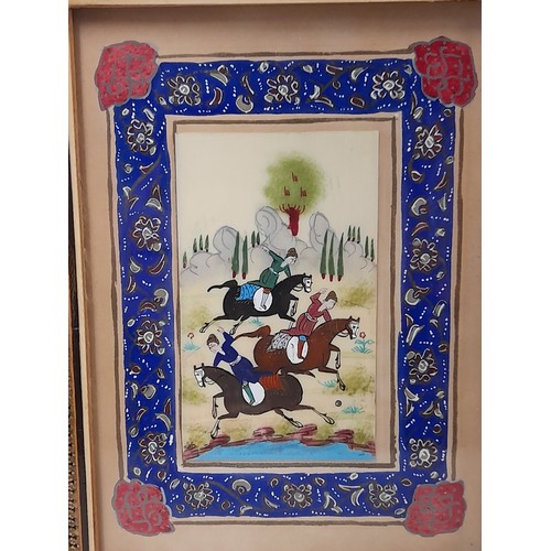 411 - Framed and glazed Persian Painting of a Hunting Scene, 20cm x 25cm